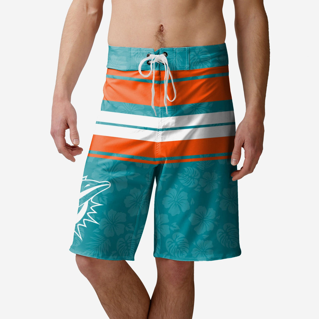 Miami Dolphins Hibiscus Boardwalk Stripe Boardshorts FOCO S - FOCO.com