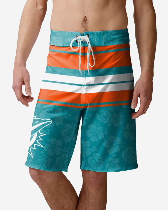 Miami Dolphins Hibiscus Boardwalk Stripe Boardshorts FOCO S - FOCO.com