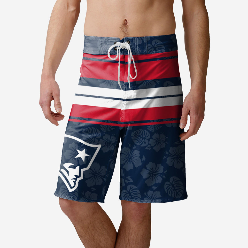 New England Patriots Hibiscus Boardwalk Stripe Boardshorts FOCO S - FOCO.com