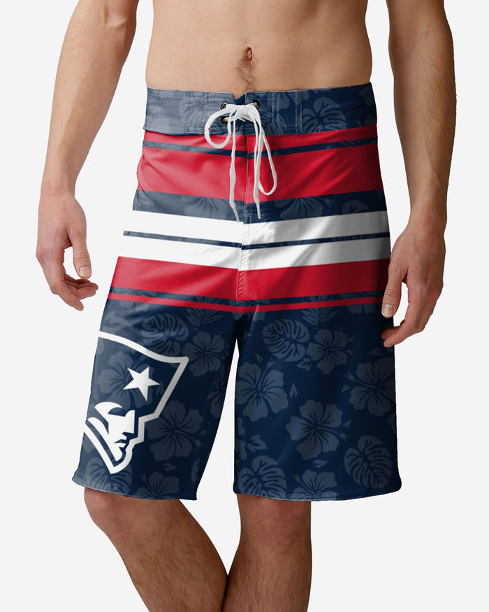 New England Patriots Hibiscus Boardwalk Stripe Boardshorts FOCO S - FOCO.com