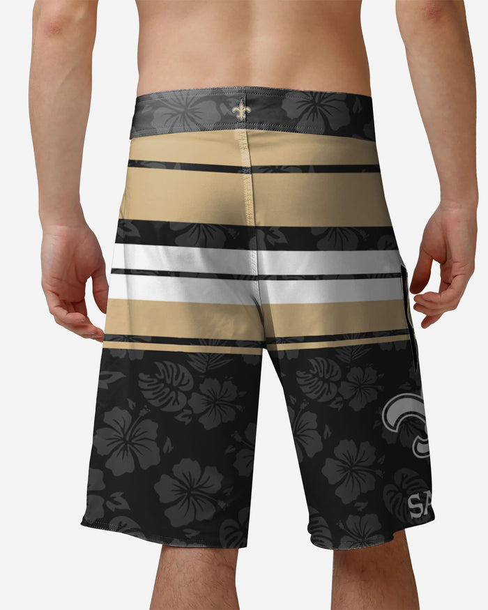 New Orleans Saints Hibiscus Boardwalk Stripe Boardshorts FOCO - FOCO.com