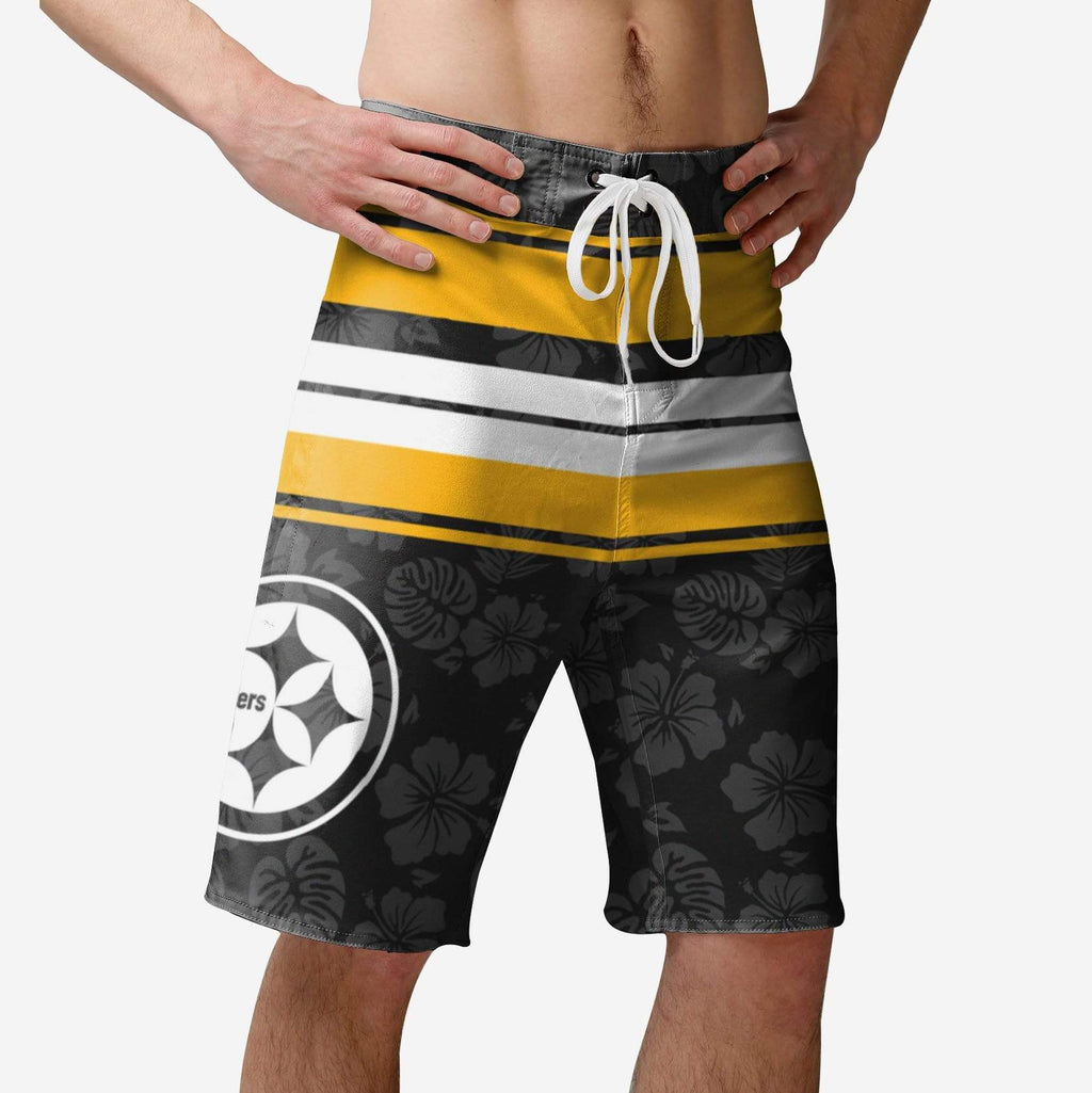 Pittsburgh Steelers Hibiscus Boardwalk Stripe Boardshorts FOCO S - FOCO.com