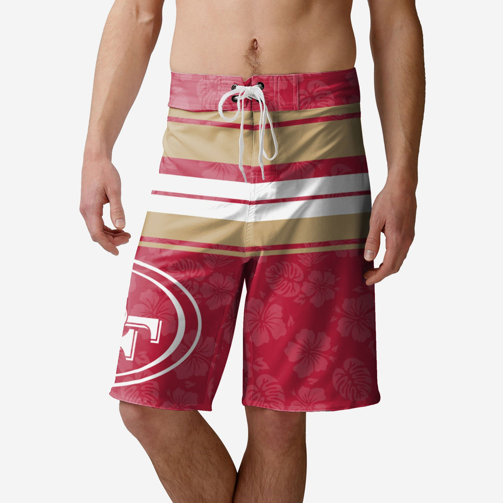 San Francisco 49ers Hibiscus Boardwalk Stripe Boardshorts FOCO S - FOCO.com