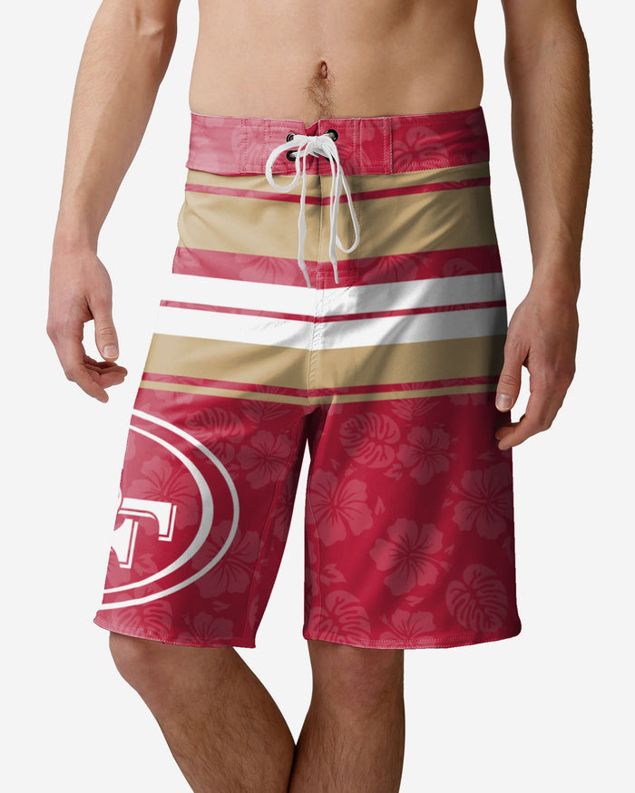 San Francisco 49ers Hibiscus Boardwalk Stripe Boardshorts FOCO S - FOCO.com