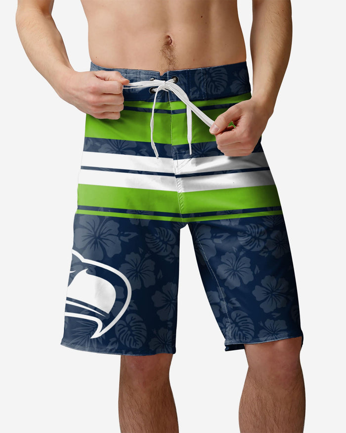 Seattle Seahawks Hibiscus Boardwalk Stripe Boardshorts FOCO S - FOCO.com