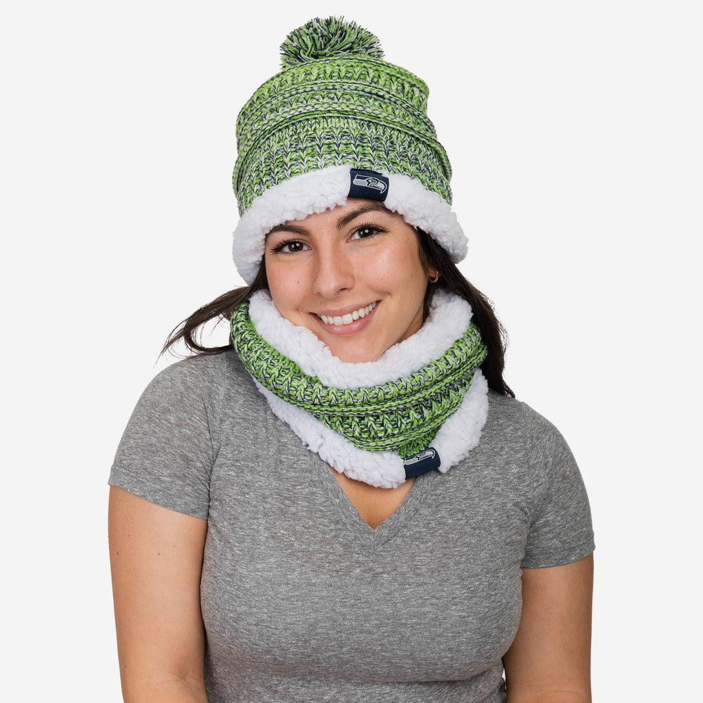 Seattle Seahawks Womens Color Wave Chunky Beanie & Gaiter Scarf Set FOCO - FOCO.com