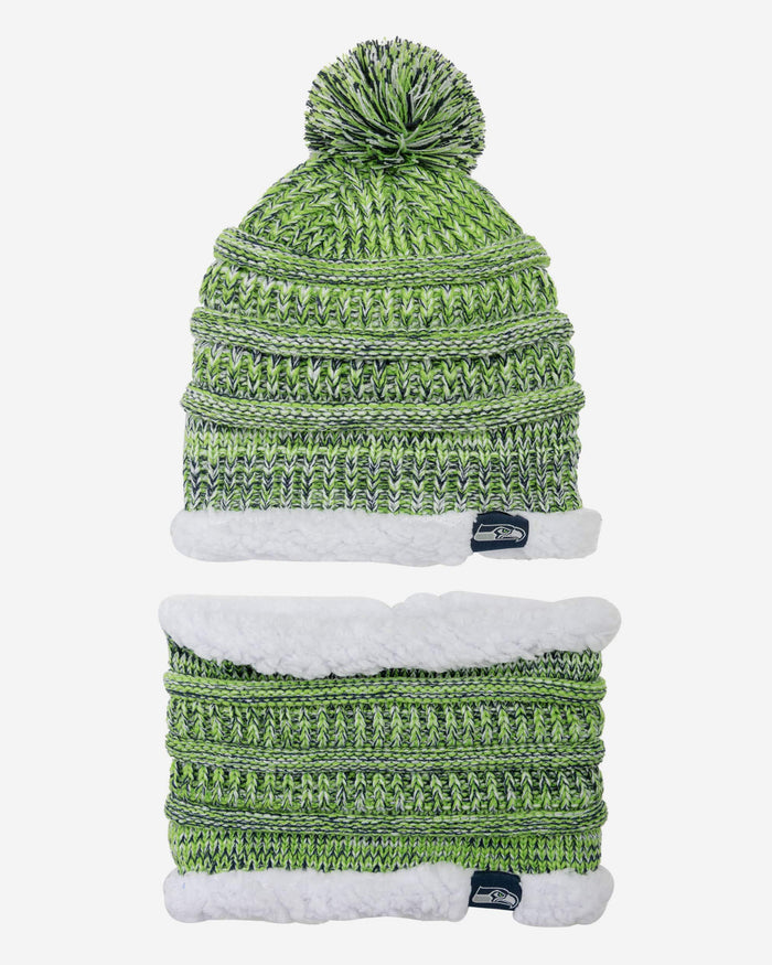 Seattle Seahawks Womens Color Wave Chunky Beanie & Gaiter Scarf Set FOCO - FOCO.com