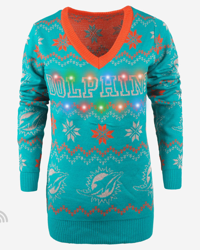 Miami Dolphins Womens Light Up V-Neck Bluetooth Sweater FOCO - FOCO.com