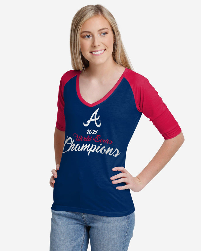 Atlanta Braves 2021 World Series Champions Womens V-Neck Raglan Shirt FOCO S - FOCO.com