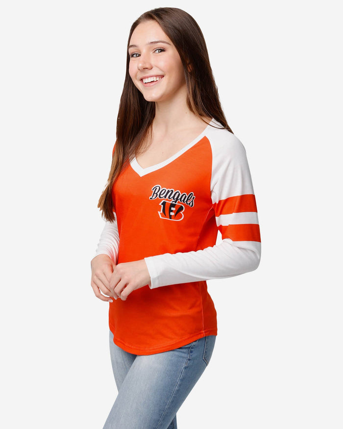 Cincinnati Bengals Womens Script Wordmark Striped Sleeve Raglan Shirt FOCO S - FOCO.com