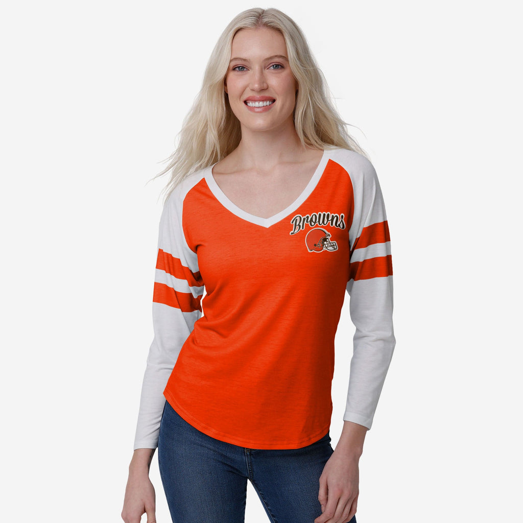 Cleveland Browns Womens Script Wordmark Striped Sleeve Raglan T-Shirt FOCO S - FOCO.com