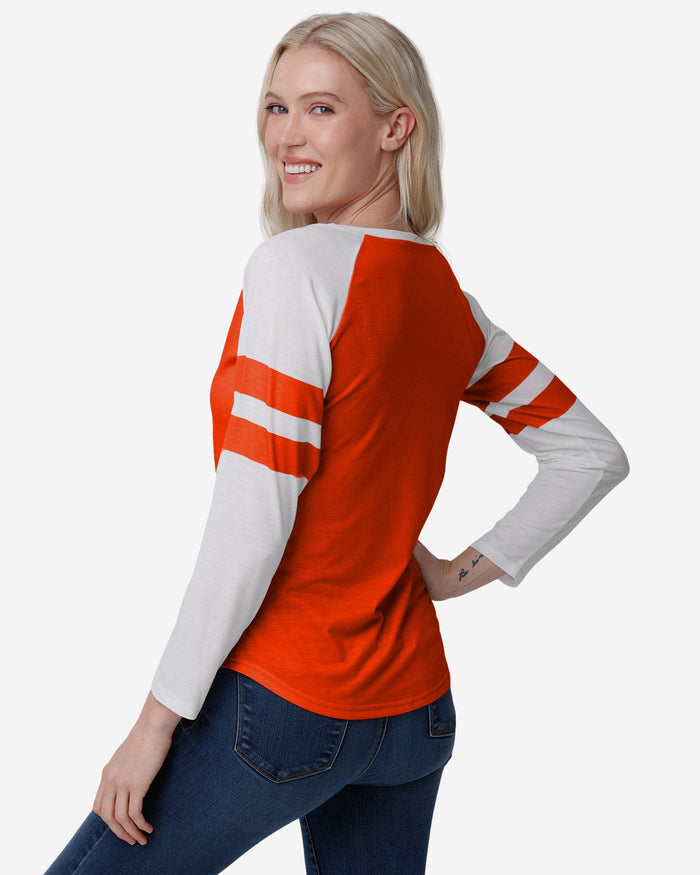 Cleveland Browns Womens Script Wordmark Striped Sleeve Raglan T-Shirt FOCO - FOCO.com