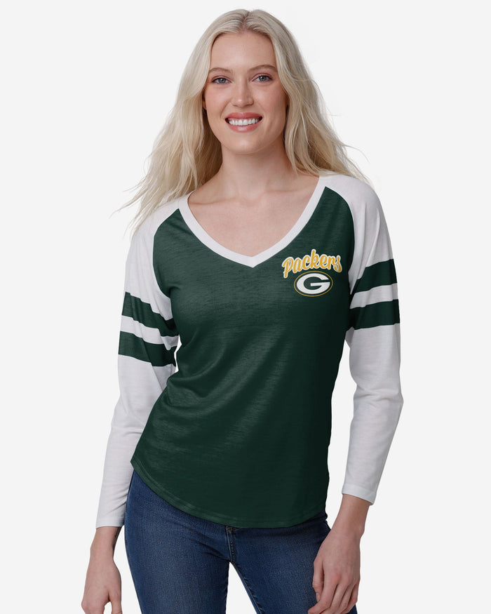 Green Bay Packers Womens Script Wordmark Striped Sleeve Raglan T-Shirt FOCO S - FOCO.com