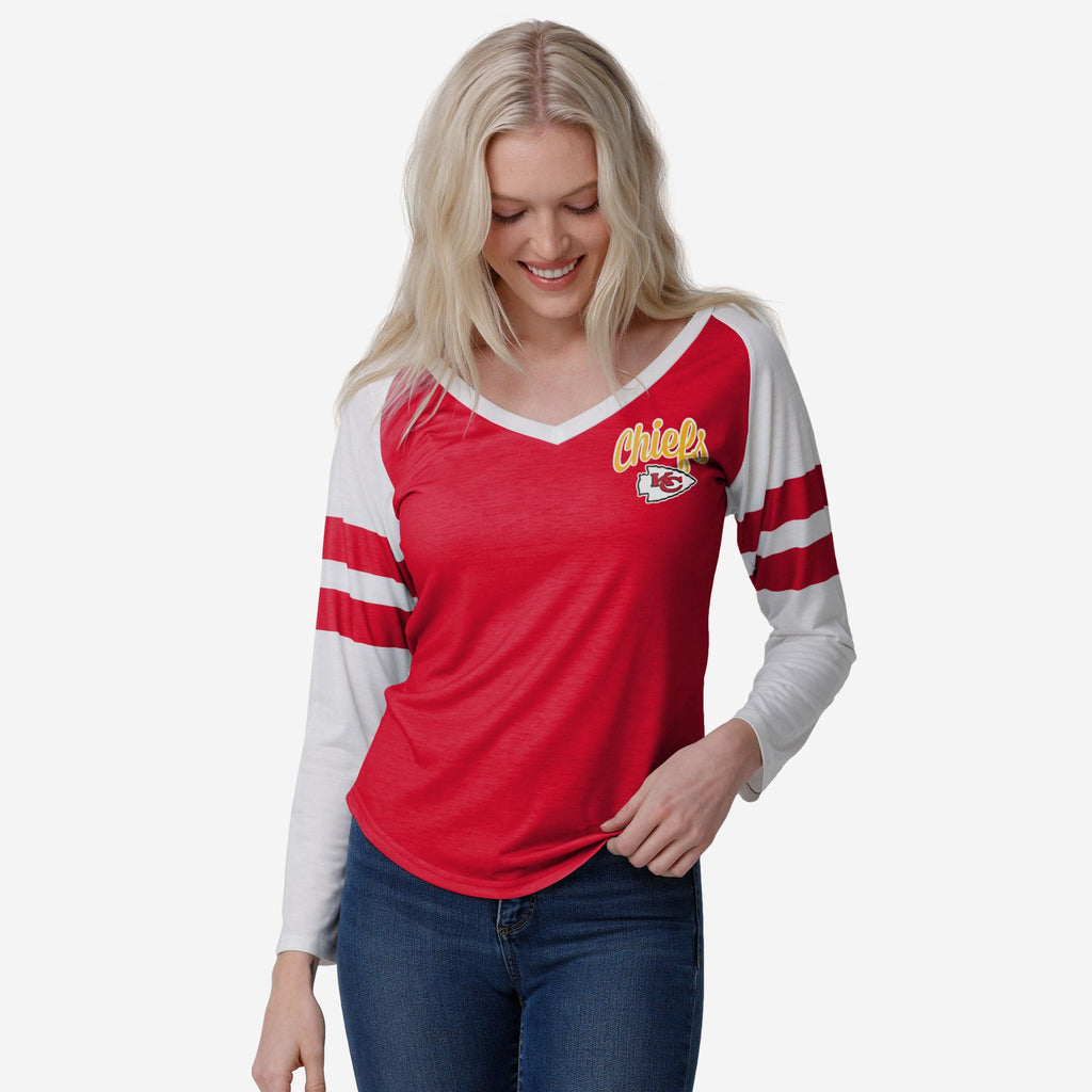 Kansas City Chiefs Womens Script Wordmark Striped Sleeve Raglan T-Shirt FOCO S - FOCO.com