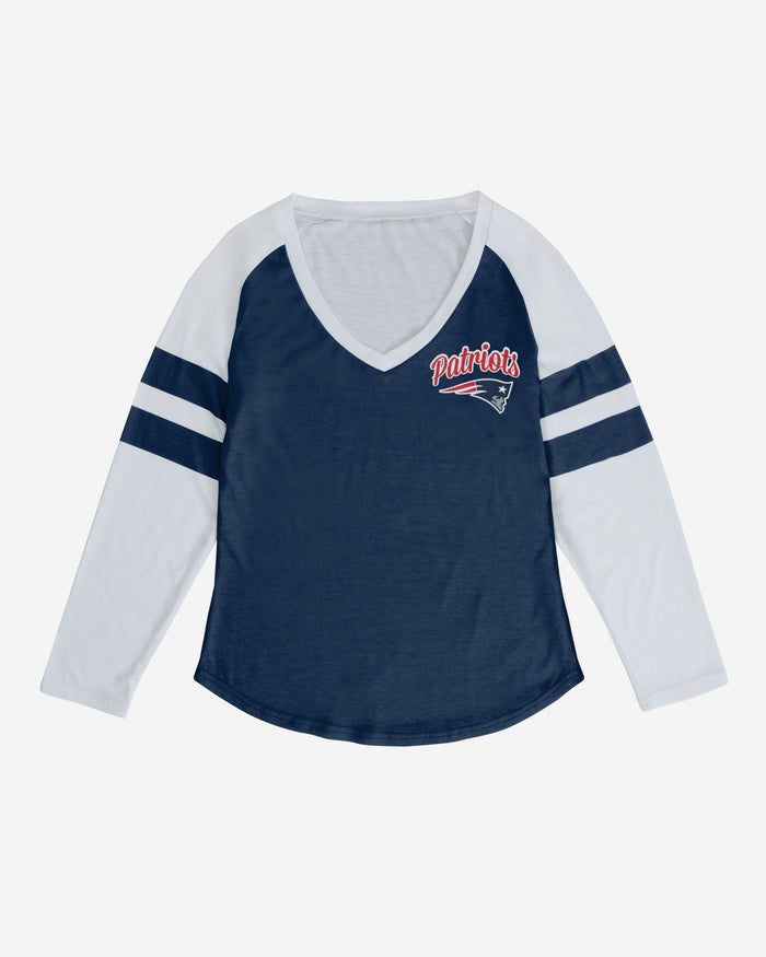 New England Patriots Womens Script Wordmark Striped Sleeve Raglan T-Shirt FOCO - FOCO.com