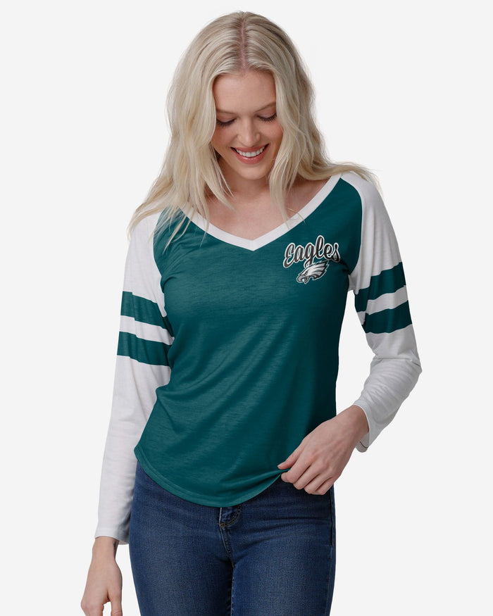 Philadelphia Eagles Womens Script Wordmark Striped Sleeve Raglan T-Shirt FOCO S - FOCO.com