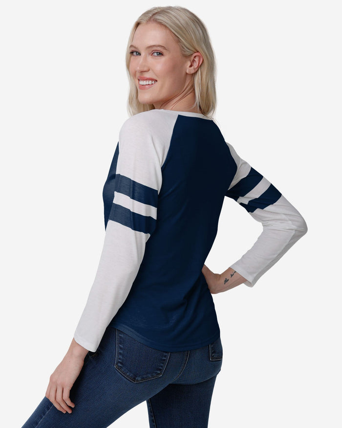 Seattle Seahawks Womens Script Wordmark Striped Sleeve Raglan T-Shirt FOCO - FOCO.com