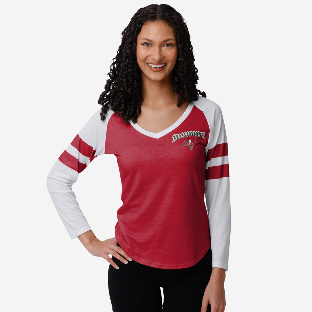 Tampa Bay Buccaneers Womens Script Wordmark Striped Sleeve Raglan T-Shirt FOCO S - FOCO.com