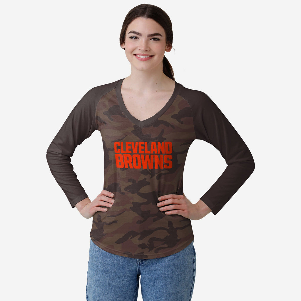 Cleveland Browns Womens Wordmark Tonal Camo Raglan T-Shirt FOCO S - FOCO.com