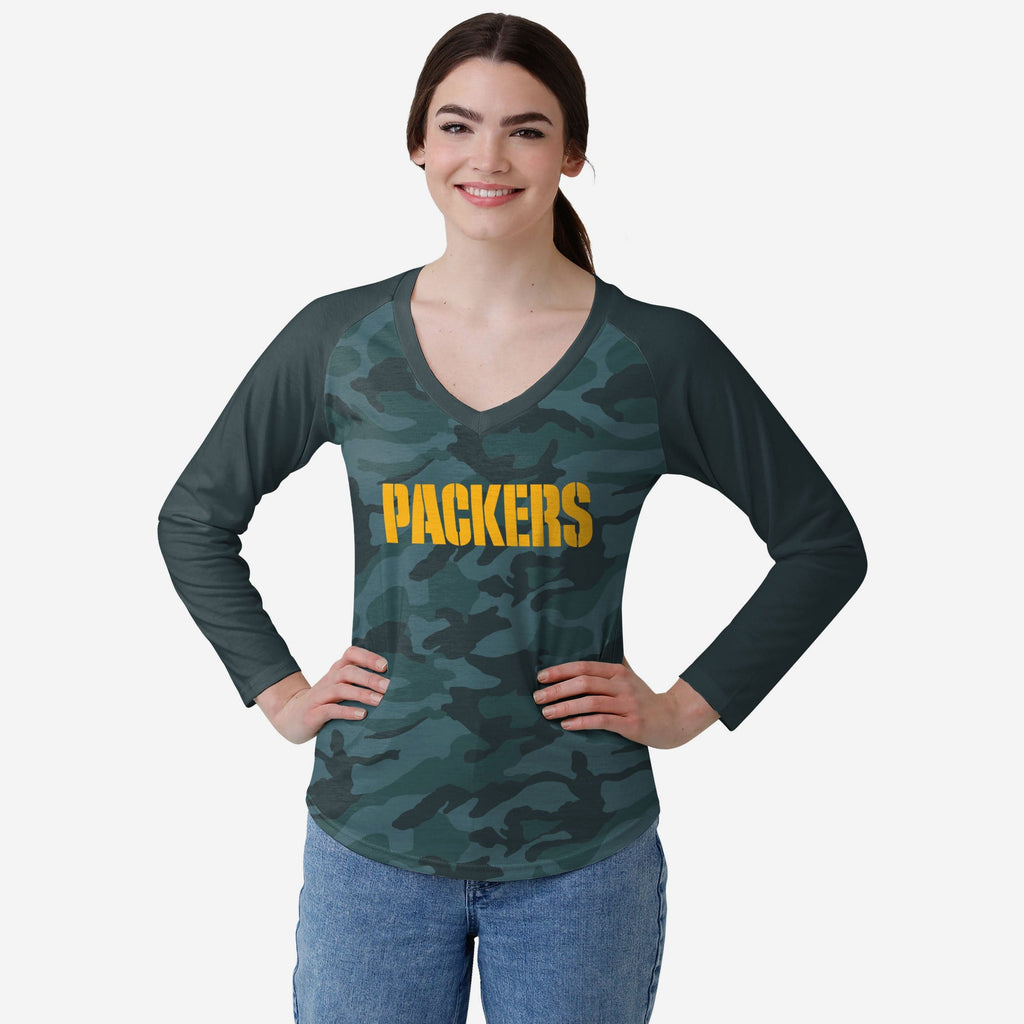 Green Bay Packers Womens Wordmark Tonal Camo Raglan T-Shirt FOCO S - FOCO.com