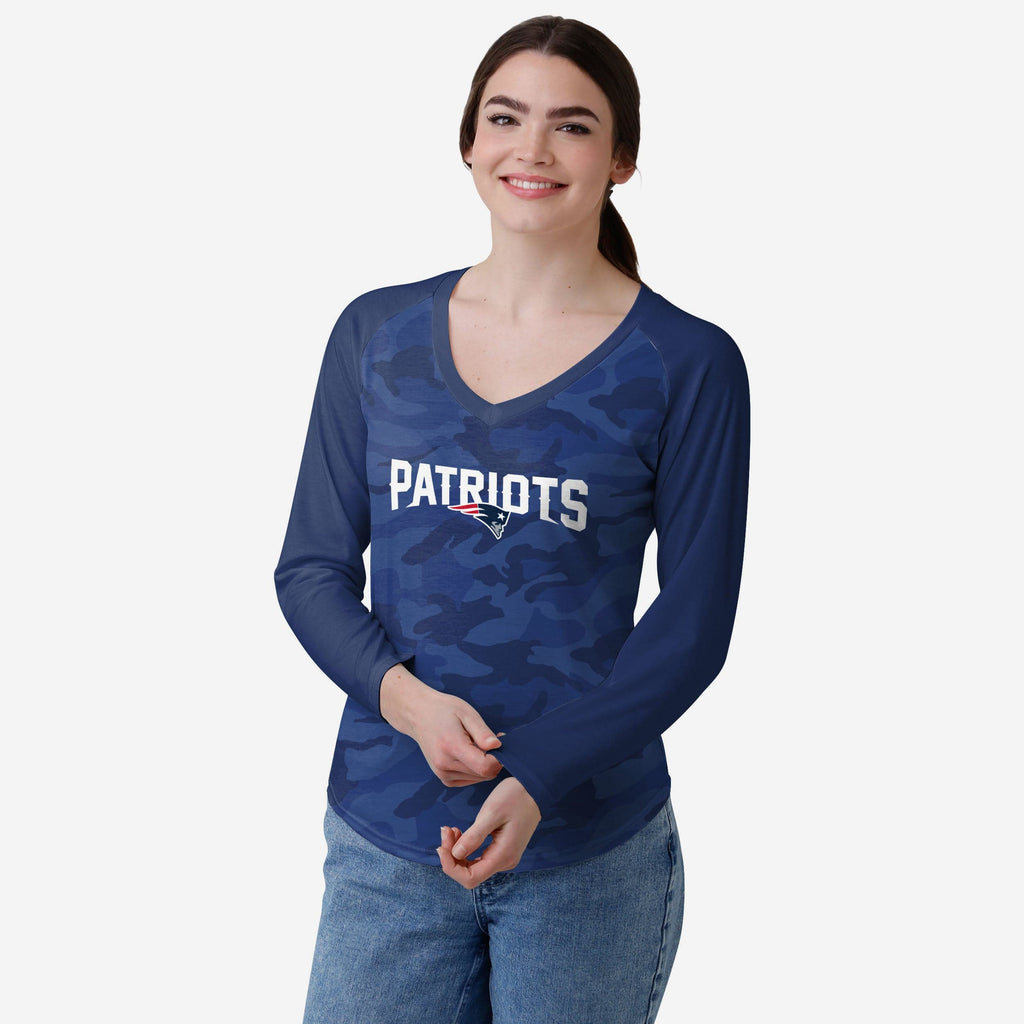 New England Patriots Womens Wordmark Tonal Camo Raglan T-Shirt FOCO S - FOCO.com