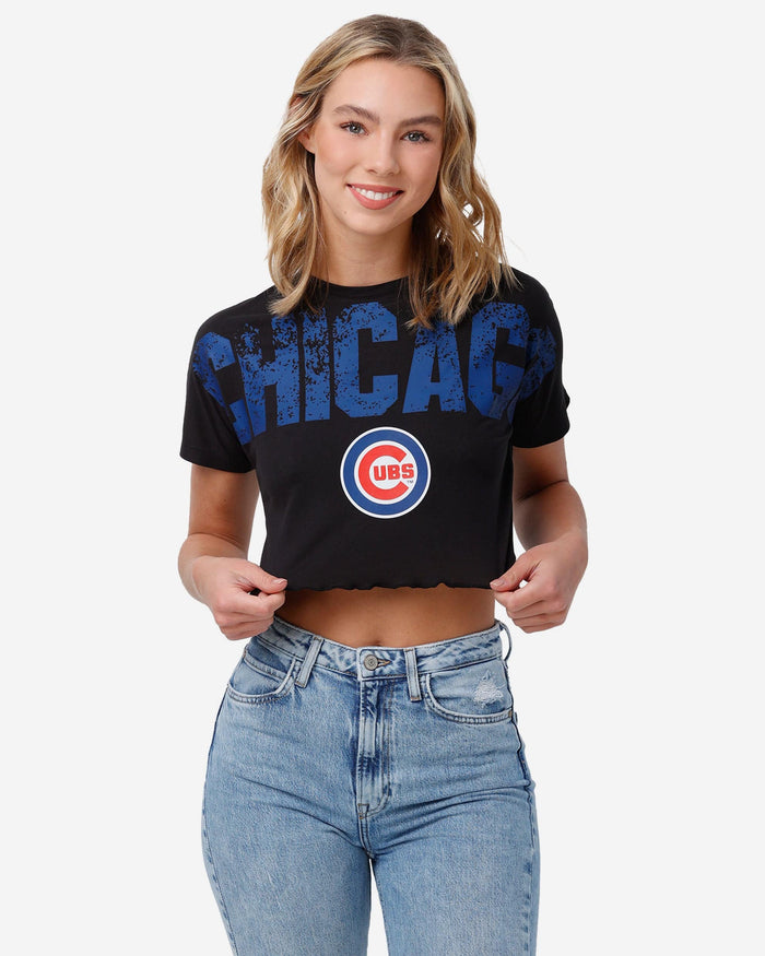 Chicago Cubs Womens Petite Distressed Wordmark Crop Top FOCO S - FOCO.com