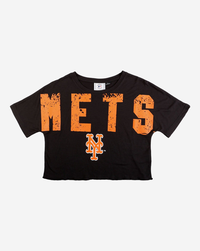 New York Mets Womens Petite Distressed Wordmark Crop Top FOCO - FOCO.com