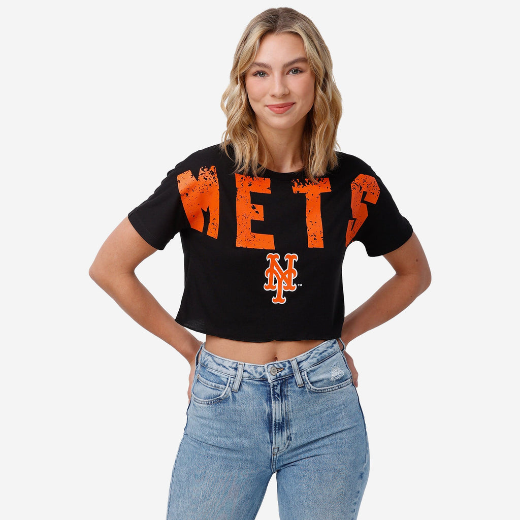 New York Mets Womens Petite Distressed Wordmark Crop Top FOCO S - FOCO.com