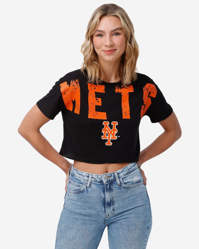 New York Mets Womens Petite Distressed Wordmark Crop Top FOCO S - FOCO.com