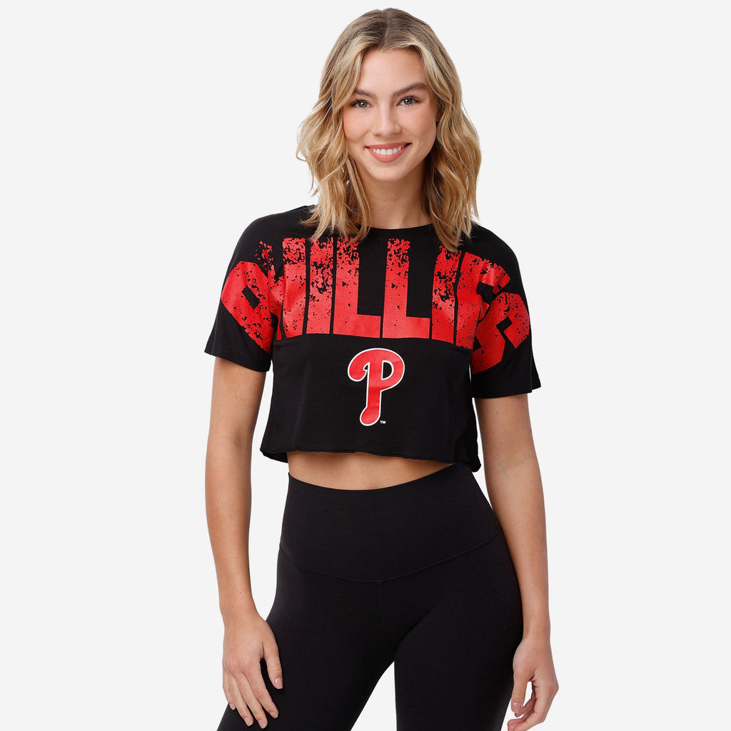 Philadelphia Phillies Original Womens Petite Distressed Wordmark Crop Top FOCO S - FOCO.com