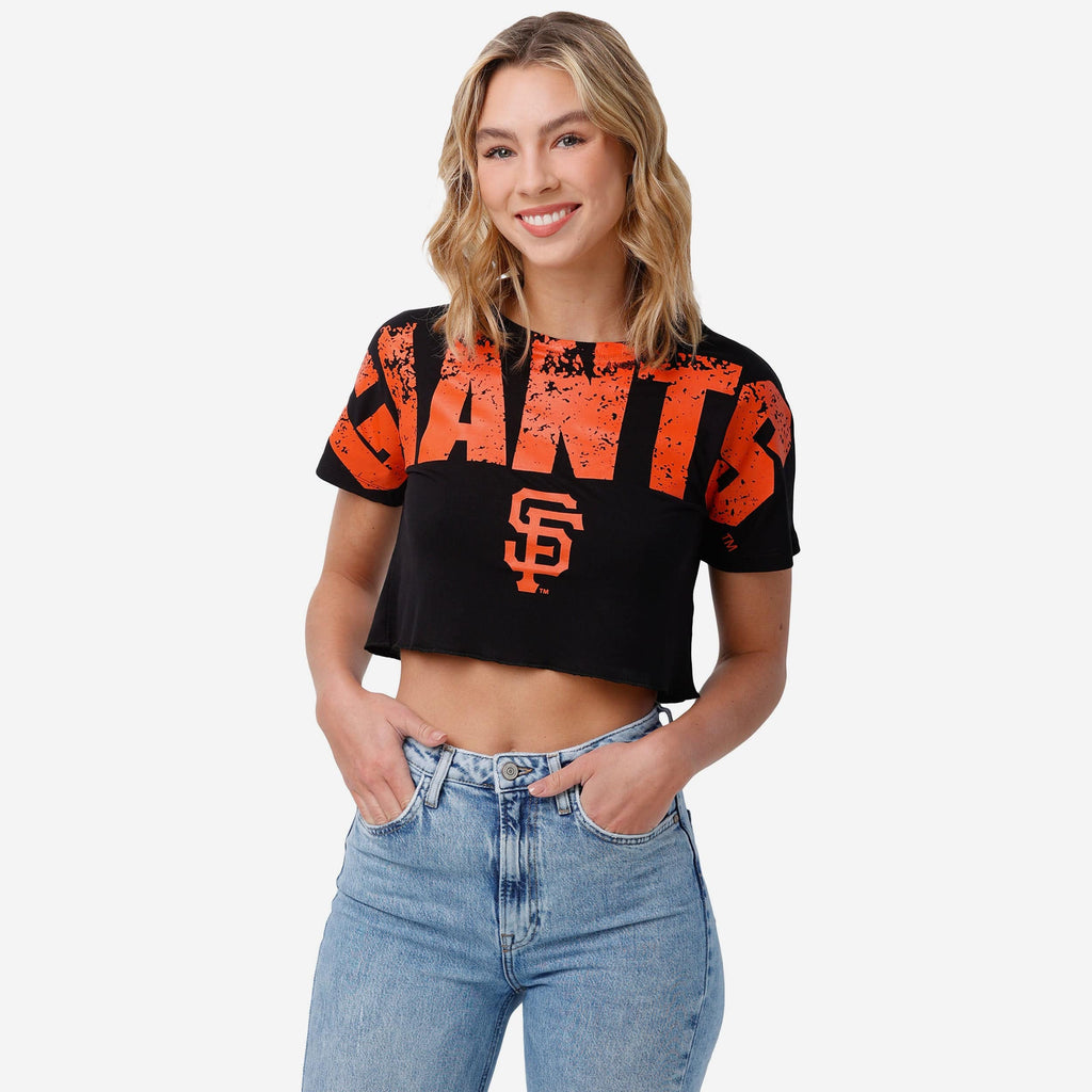 San Francisco Giants Womens Petite Distressed Wordmark Crop Top FOCO S - FOCO.com