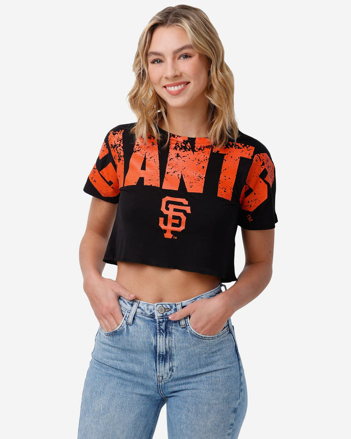 San Francisco Giants Womens Petite Distressed Wordmark Crop Top FOCO S - FOCO.com