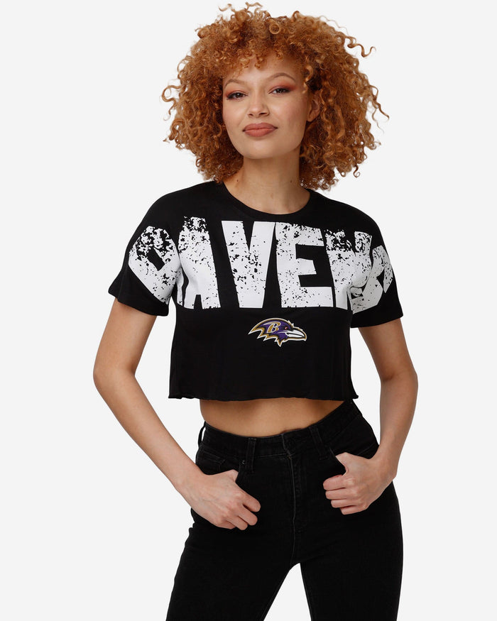 Baltimore Ravens Womens Petite Distressed Wordmark Crop Top FOCO S - FOCO.com