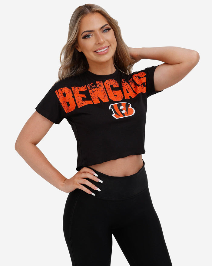 Cincinnati Bengals Womens Petite Distressed Wordmark Crop Top FOCO S - FOCO.com