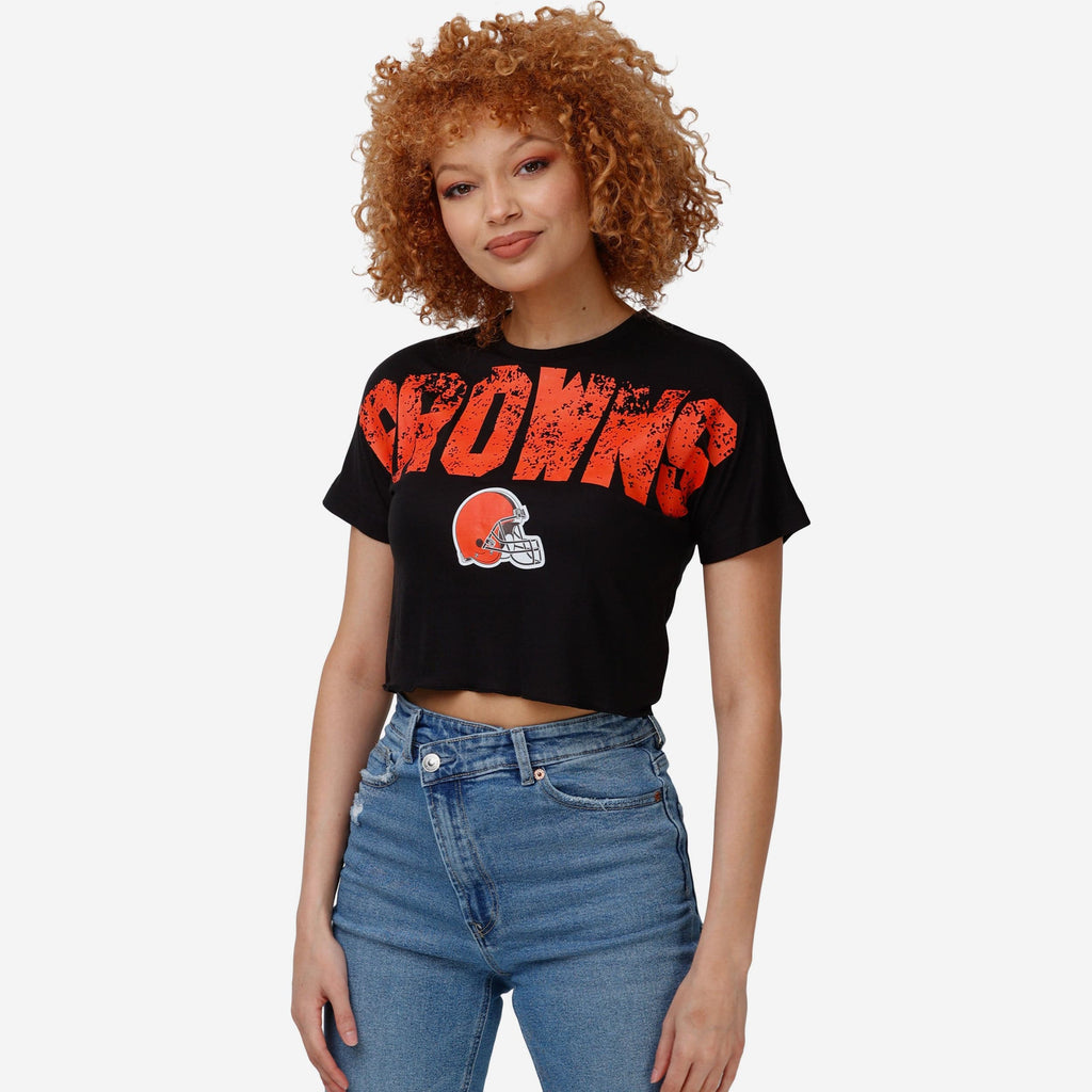 Cleveland Browns Womens Petite Distressed Wordmark Crop Top FOCO S - FOCO.com