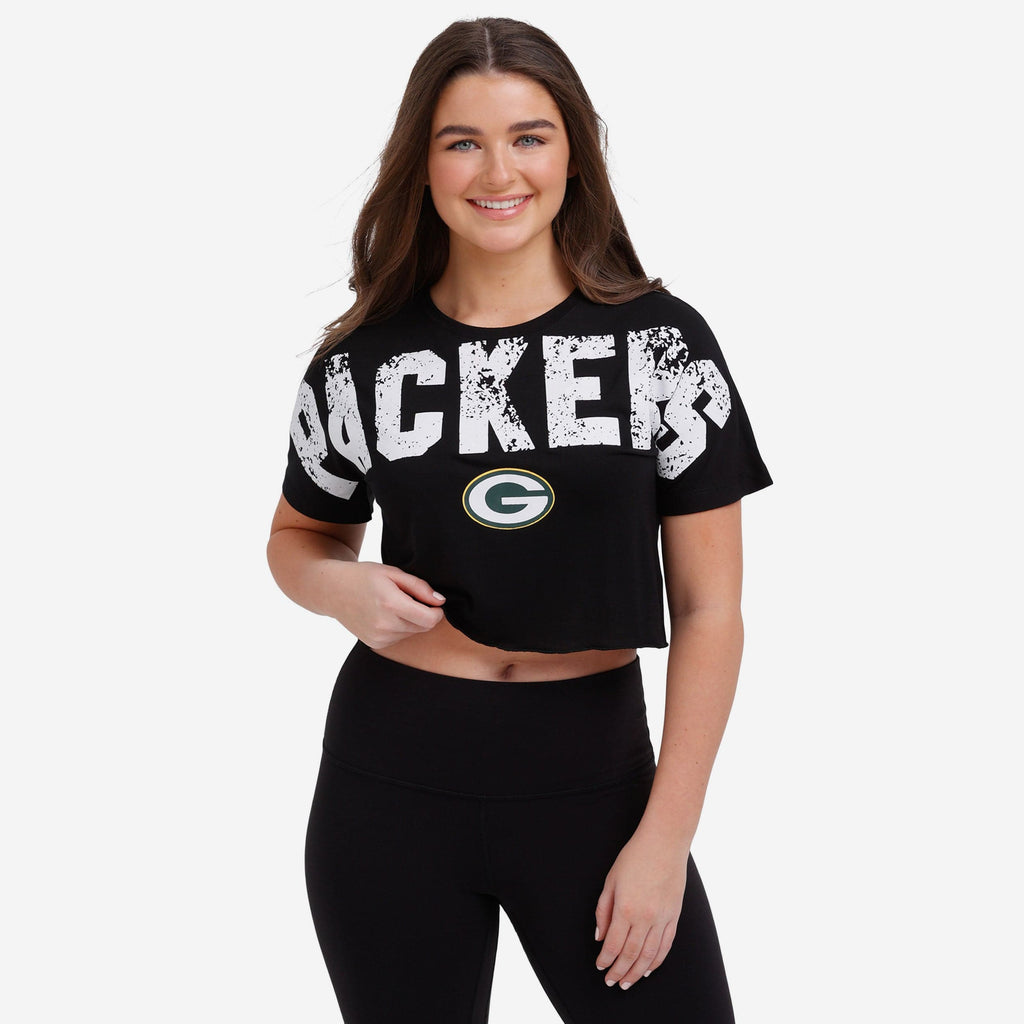 Green Bay Packers Womens Petite Distressed Wordmark Crop Top FOCO S - FOCO.com