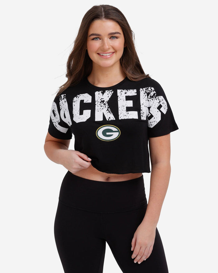 Green Bay Packers Womens Petite Distressed Wordmark Crop Top FOCO S - FOCO.com