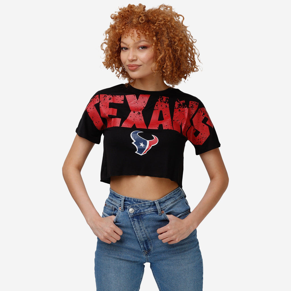 Houston Texans Womens Petite Distressed Wordmark Crop Top FOCO S - FOCO.com