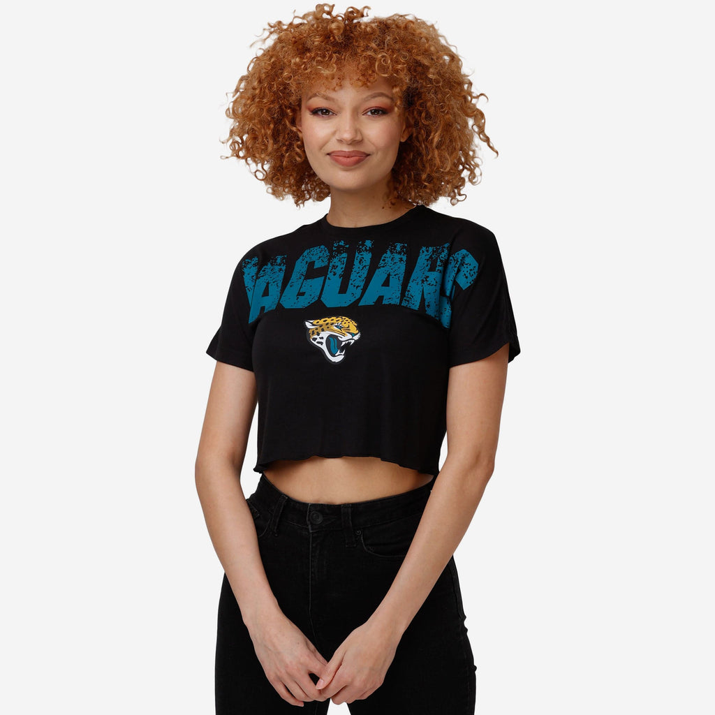 Jacksonville Jaguars Womens Petite Distressed Wordmark Crop Top FOCO S - FOCO.com