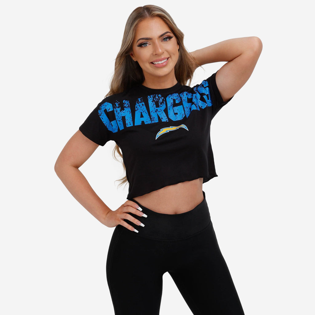 Los Angeles Chargers Womens Petite Distressed Wordmark Crop Top FOCO S - FOCO.com