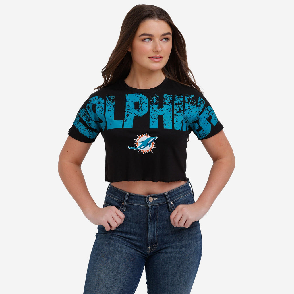 Miami Dolphins Womens Petite Distressed Wordmark Crop Top FOCO S - FOCO.com