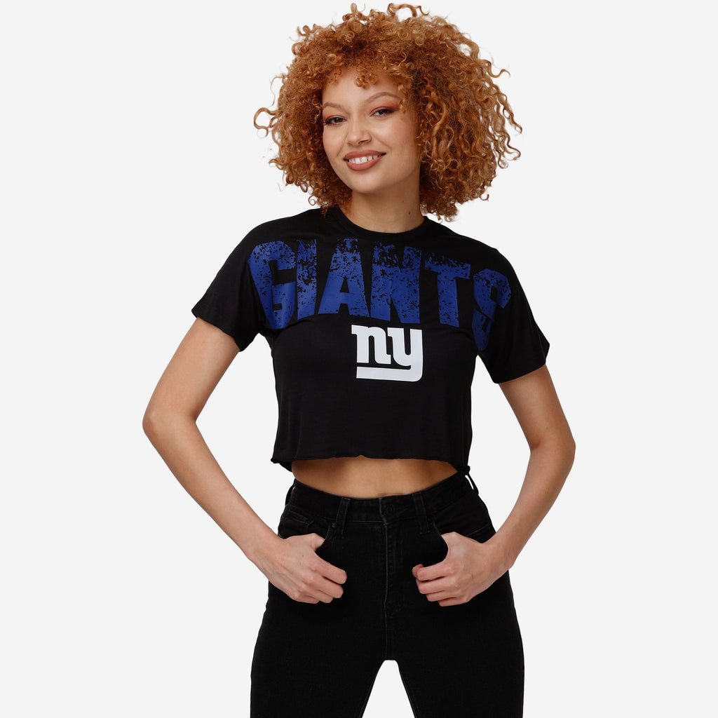 New York Giants Womens Petite Distressed Wordmark Crop Top FOCO S - FOCO.com