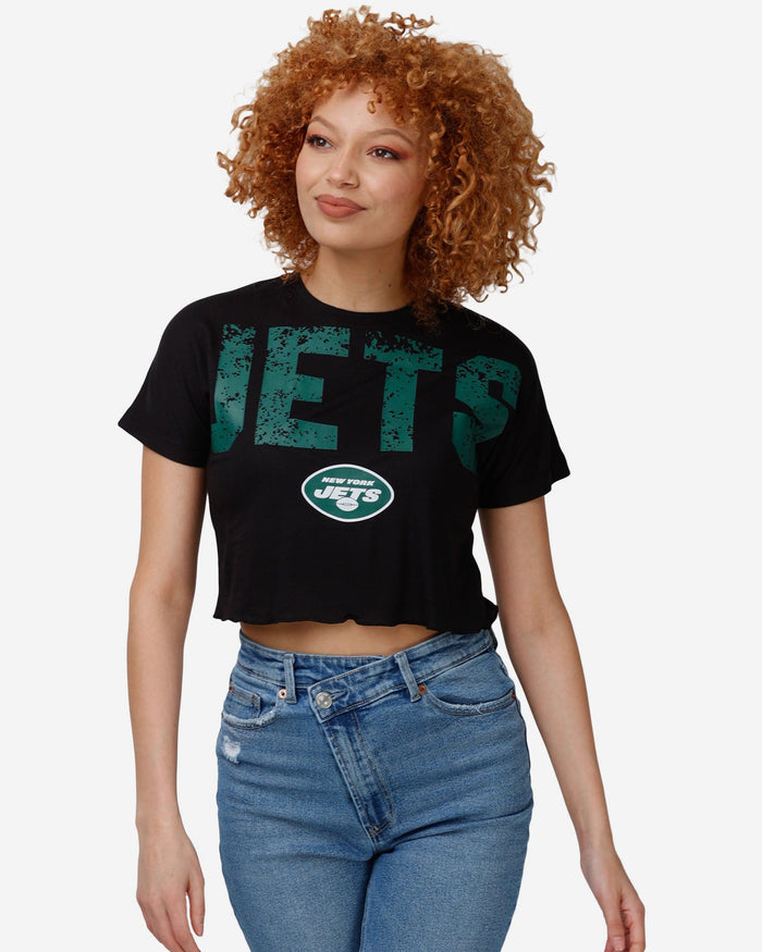 New York Jets Womens Petite Distressed Wordmark Crop Top FOCO S - FOCO.com