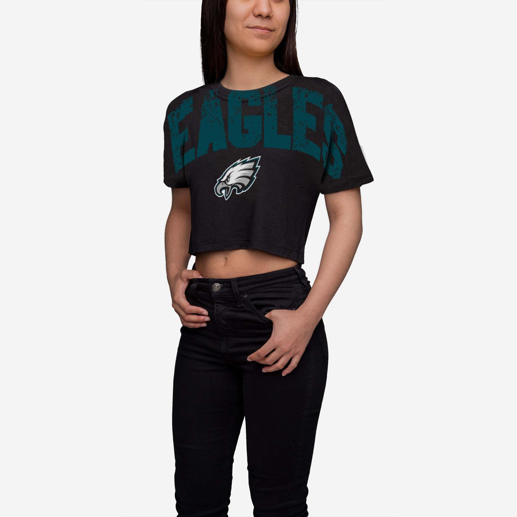 Philadelphia Eagles Womens Petite Distressed Wordmark Crop Top FOCO S - FOCO.com