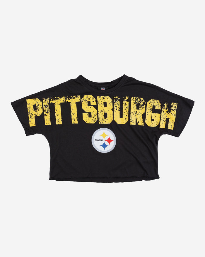 Pittsburgh Steelers Womens Petite Distressed Wordmark Crop Top FOCO - FOCO.com