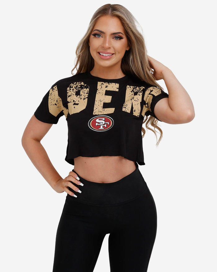 San Francisco 49ers Womens Petite Distressed Wordmark Crop Top FOCO S - FOCO.com