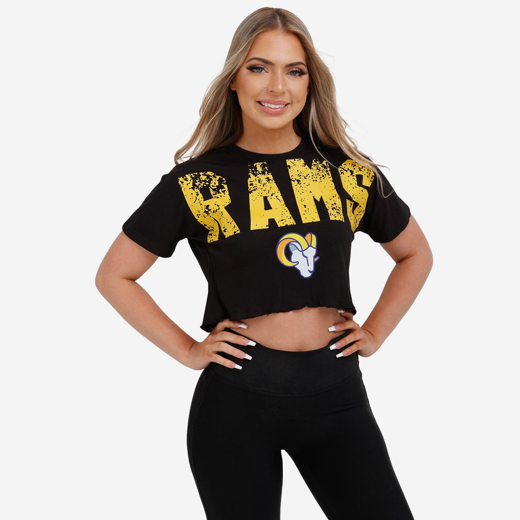 Los Angeles Rams Womens Petite Distressed Wordmark Crop Top FOCO S - FOCO.com