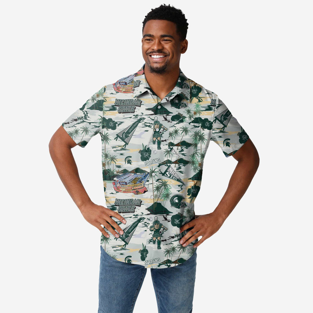 Michigan State Spartans Thematic Stadium Print Button Up Shirt FOCO S - FOCO.com