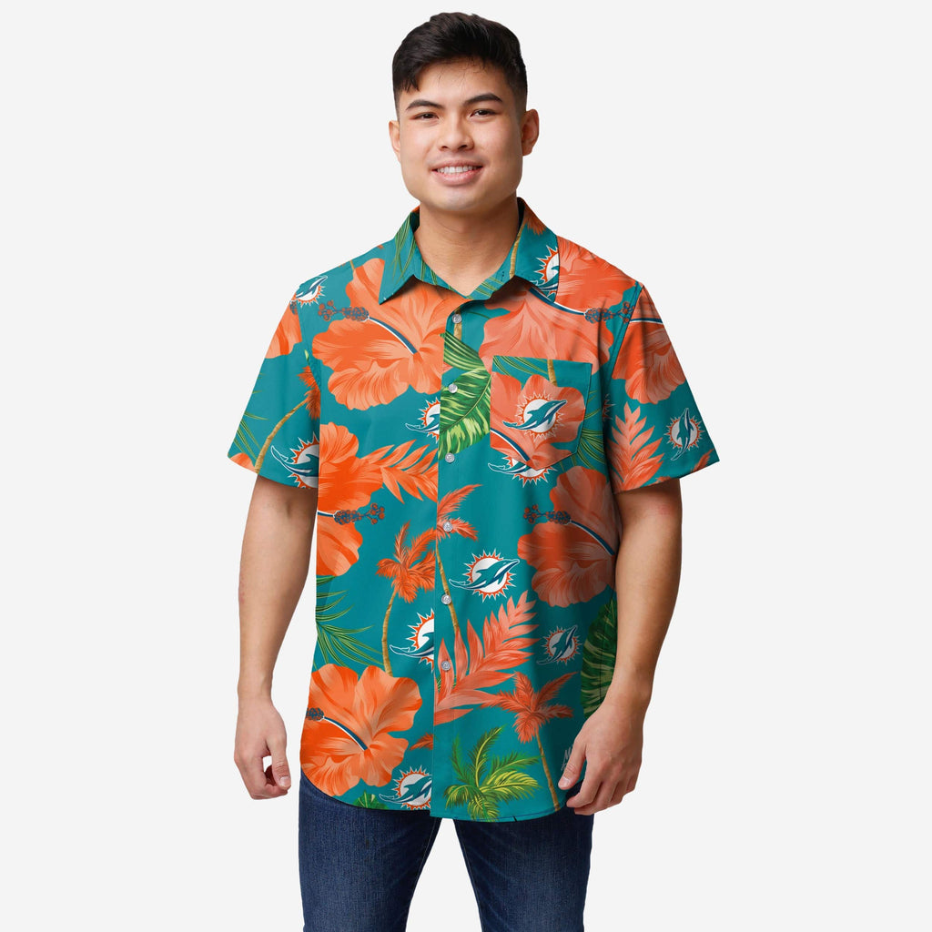 Miami Dolphins Team Color Hibiscus Button Up Shirt FOCO S - FOCO.com