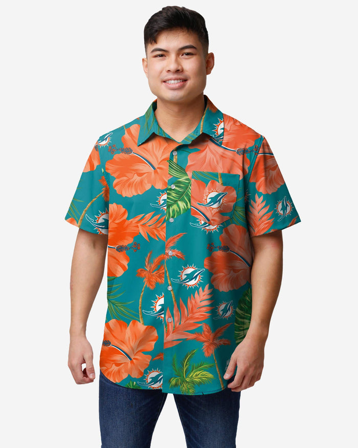 Miami Dolphins Team Color Hibiscus Button Up Shirt FOCO S - FOCO.com